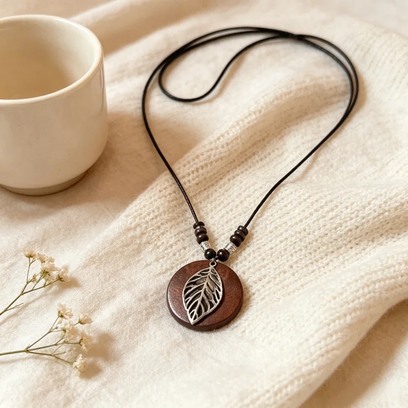 Vintage Folk Style Wooden Beads Tree Leaf Pendant Necklace For Women Choker Long Wax Thread Zinc Alloy Sweater Dress Necklace