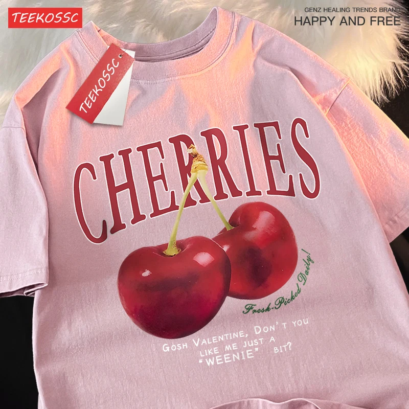 Cherries Fashionable Fruits Men Women Clothes Pattern O-Neck Clothing Pattern Loose Tops Simplicity Crewneck Couple T Shirts