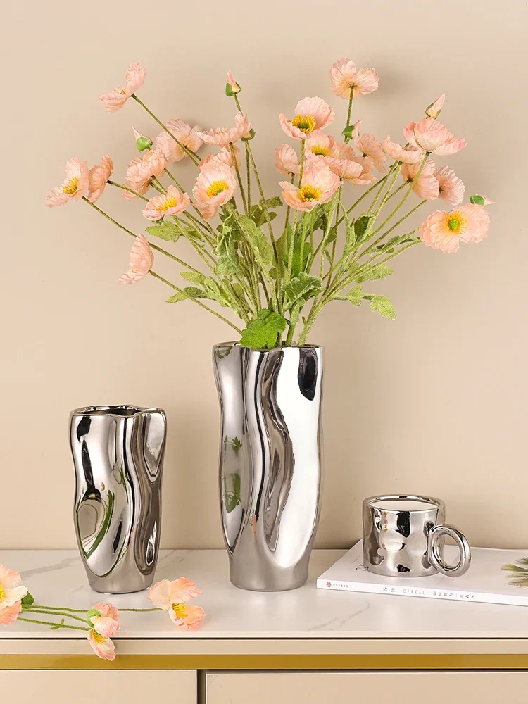 

Silver flower pot ceramic vase ornament living room flower light luxury modern simple dining table home decoration model room