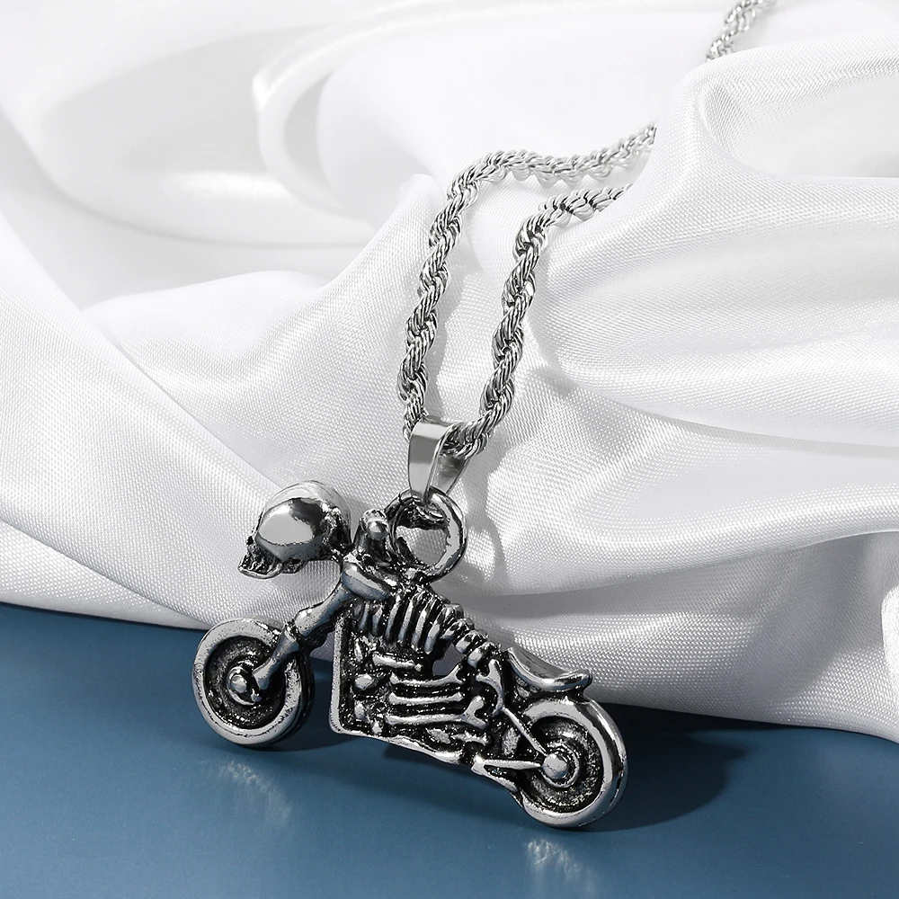 Retro Hip Hop Skeleton Motorcycle Necklace Fashion Punk Style Pendant Clothing Jewelry for Men Personality Accessories view 2