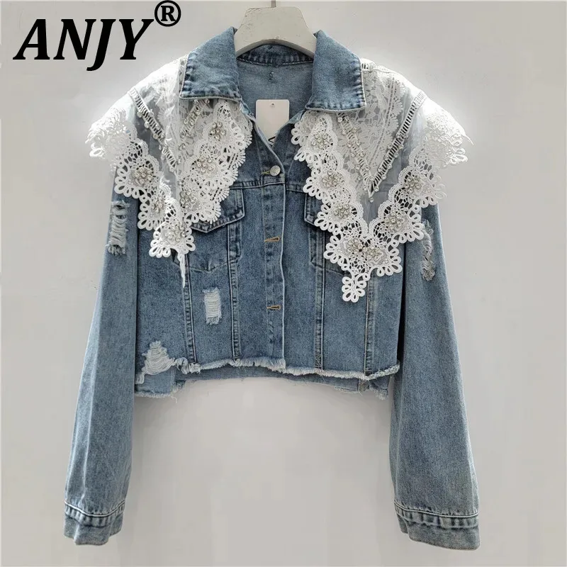ANJY Spring Autumn New Women High Street Design Heavy Diamonds Lace Patchwork Denim Jacket Washed Casual Ripped Short Coat A8552