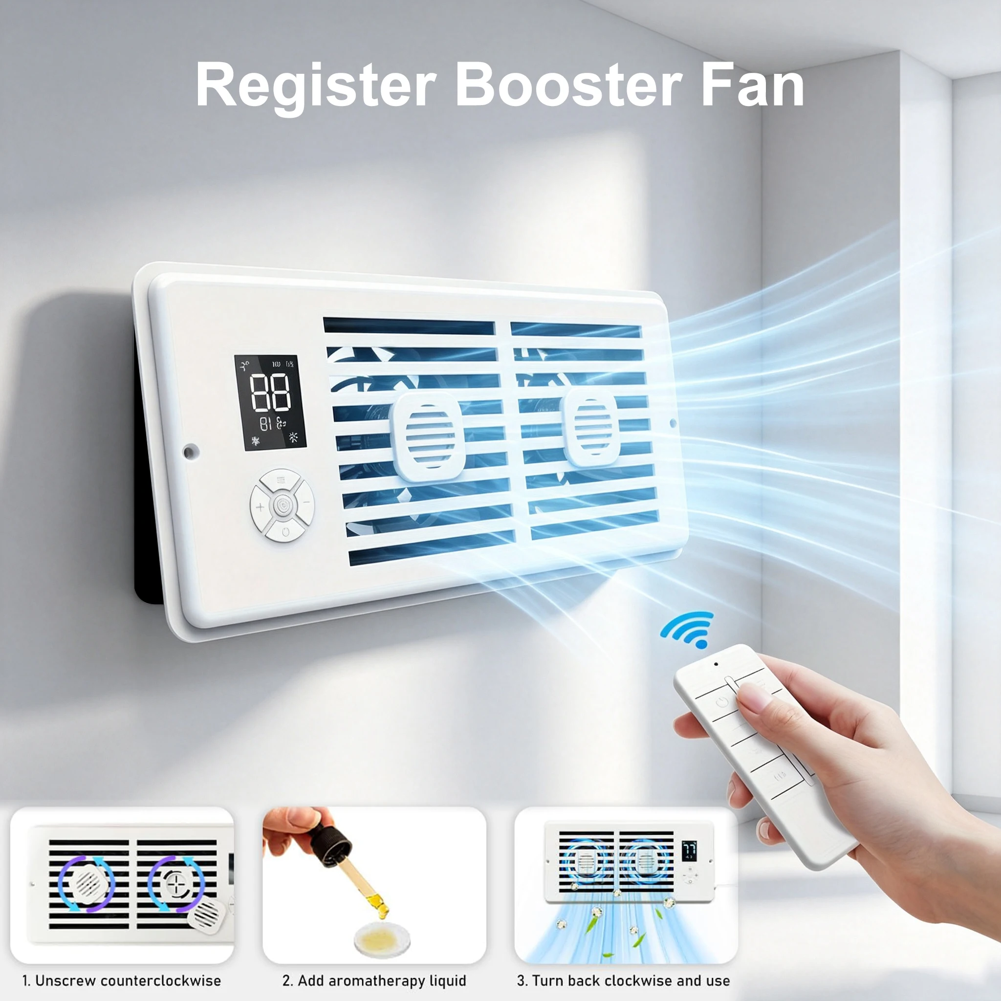 4x10 Inch Register Booster Fan AC Vent Booster Quiet 18dB 10-Speed with Smart Thermostat Remote LCD Display 2H/4H Timer Aroma Pad Slot for Weak Airflow Uneven Cooling Hot Rooms Upstairs Bedroom Office Basement Nursery Small Room Wall Ceiling Vent