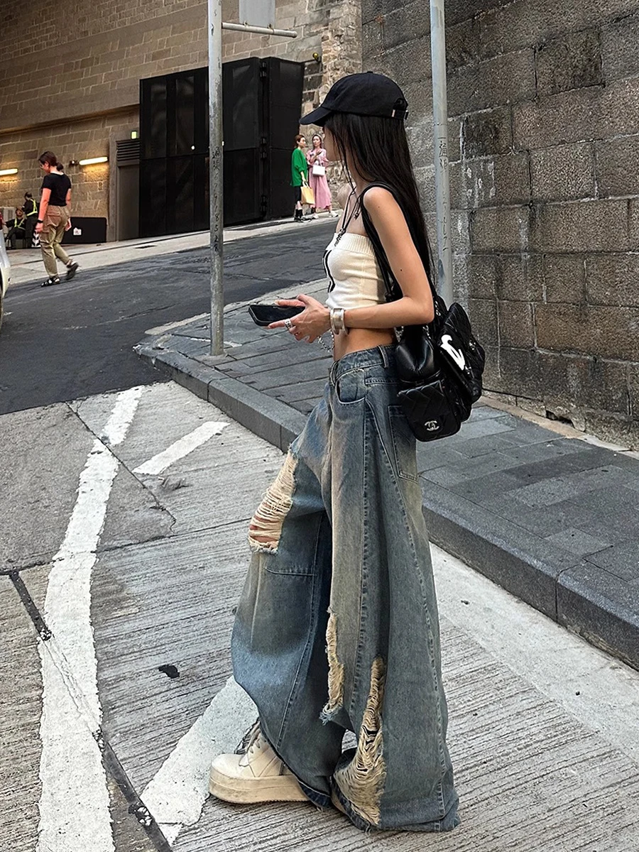 REDDACHiC Conjunto de pantalones y top de tubo para mujer, número informal # 21 Chaleco de punto, pantalones vaqueros holgados rasgados de tiro bajo, novedad en ropa de calle de Corea