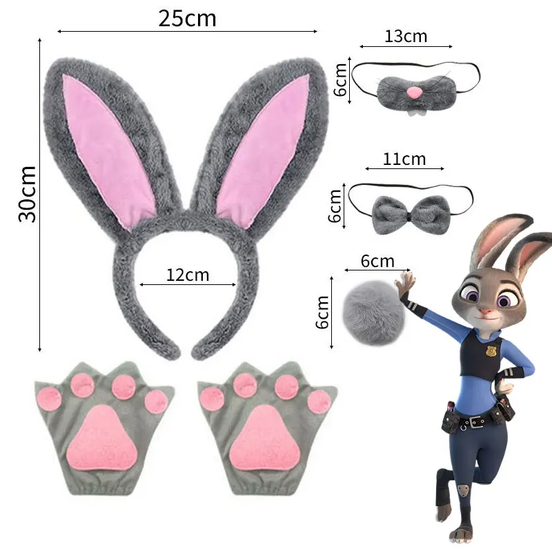 

Kid 5 PCS Bunny Judy Hopp Cosplay Costume Accessories Rabbit Ears Headband with Bow Tail Gloves Zootopia Animal Role Play Props