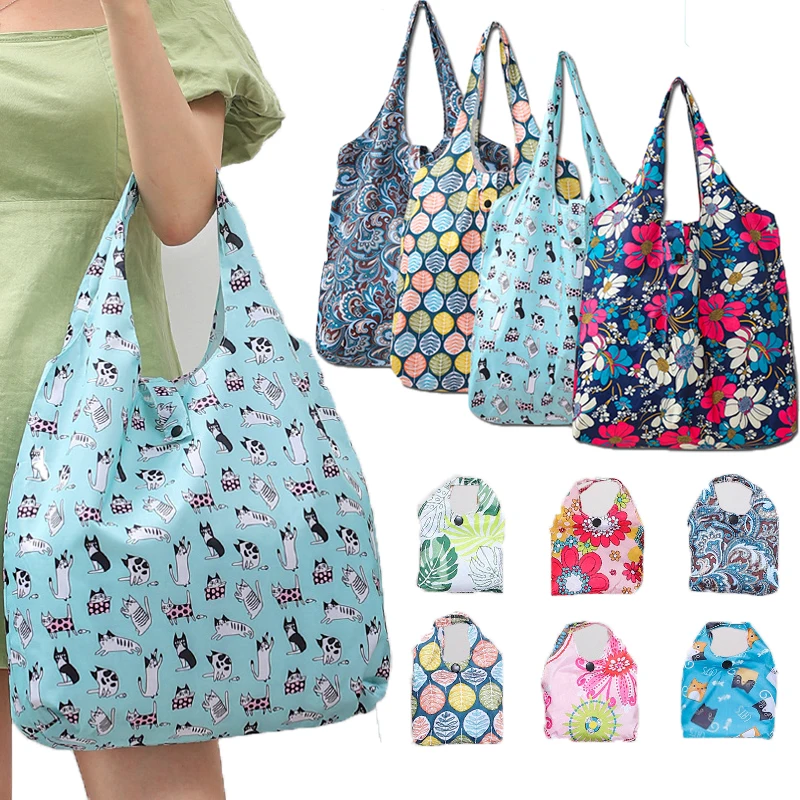 Large Foldable Shopping Bag Reusable Eco Bag Grocery Package Beach Toy Storage Bags Shoulder Cat Lemon Printing Pouch Tote Pouch