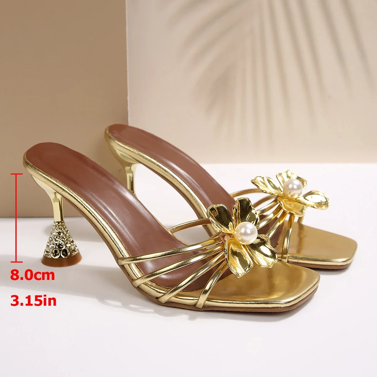 Vintage Metal Flower Crystal Cone Heel Sandals Summer Pearl Square Toe Dress Gold Sandals Woman Plus Size 35-43 Slip On Shoes view 6