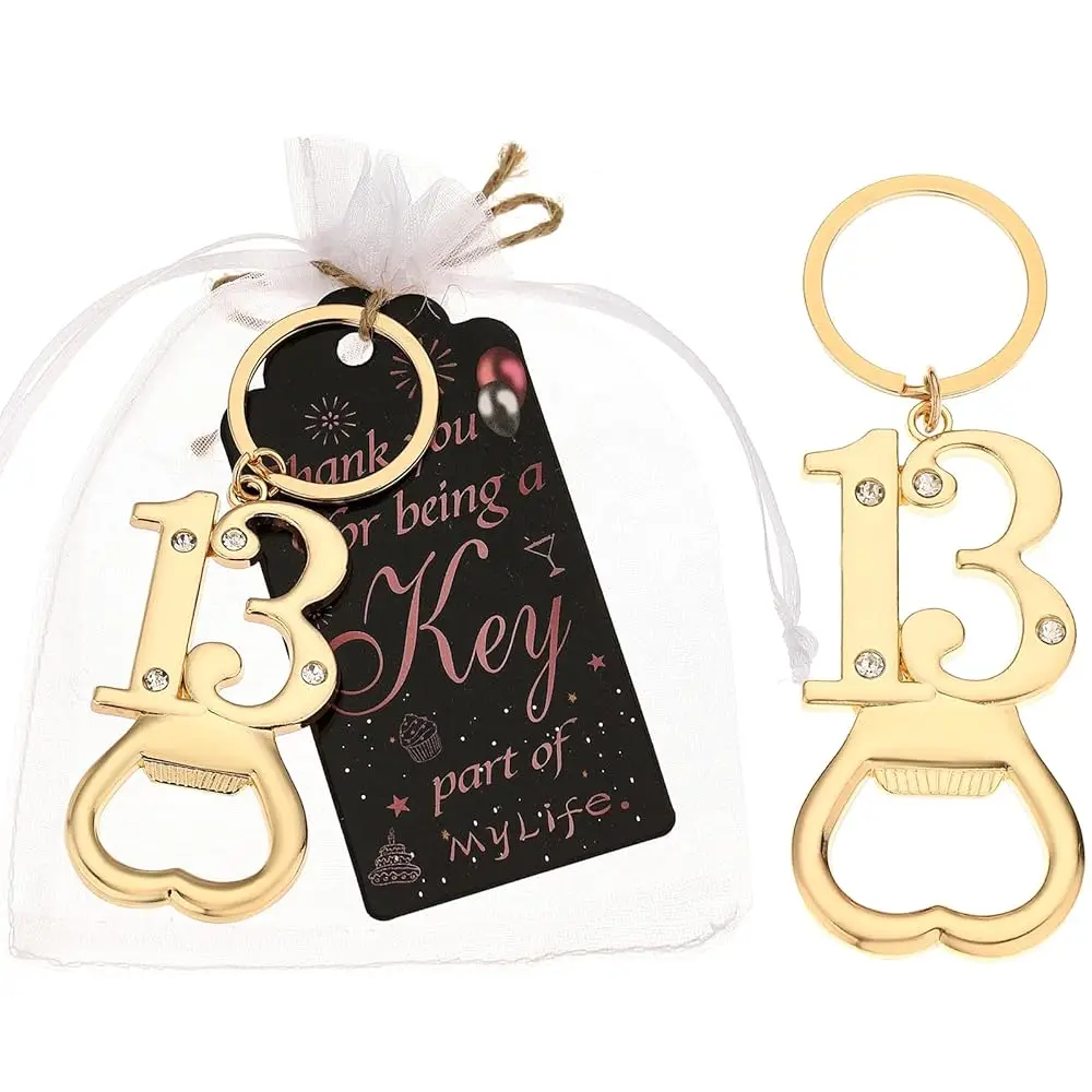 

Набор из 12 золотых брелоков-открывашек для бутылок на 13-й день рождения, сувениры для вечеринки, подарки на 13-летие, сувениры на 13-летие свадьбы