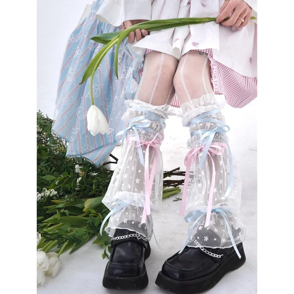 Y2K Ribbon Ballet Leg Warmers Lolita Sweet Hollow Mesh Socks Lace Versatile Leg Covers Medium Tube Pink Blue Bandage Pile Socks