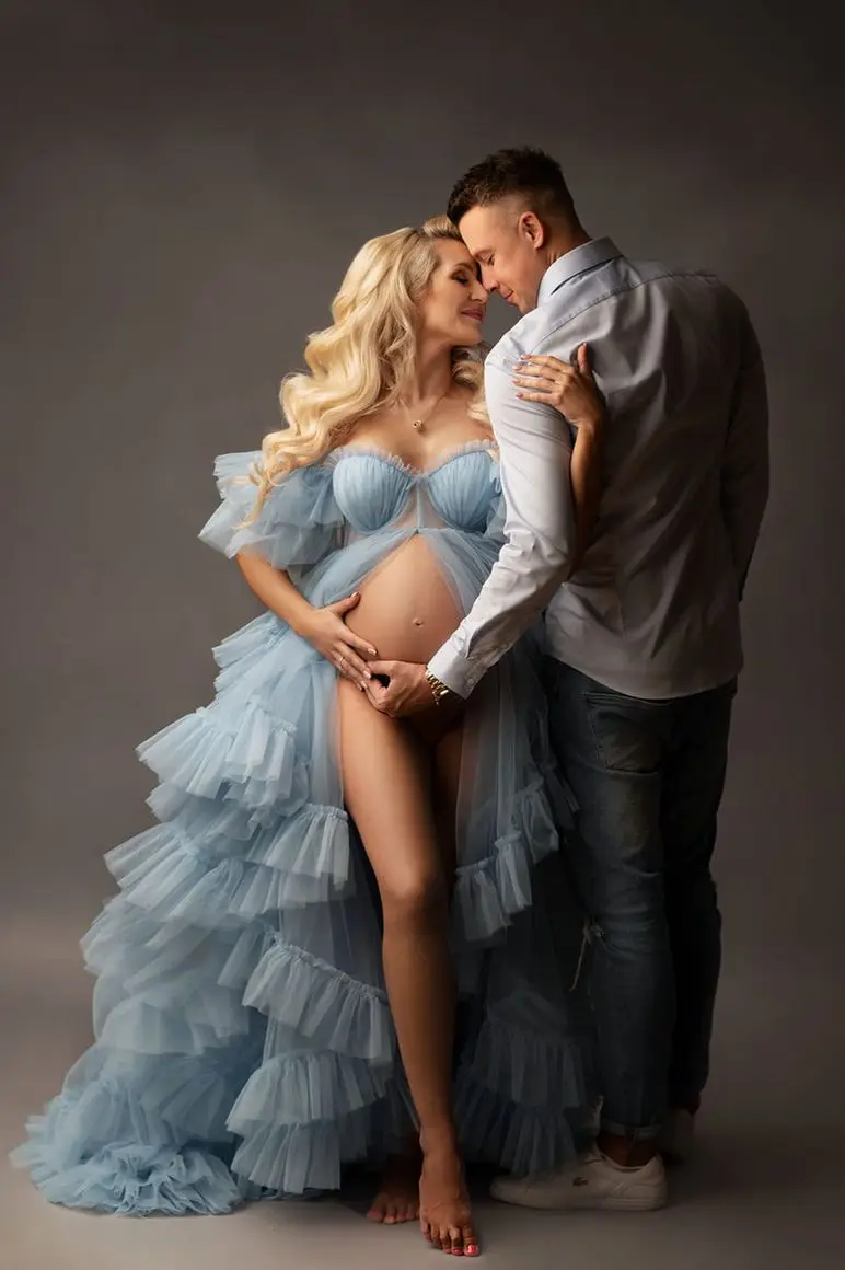 Maternity Dresses PhotoShoot Off Shoulder Ruffled Tiered Tulle Pregnant Women Robes Customized A Line High Slits Bridal Gown