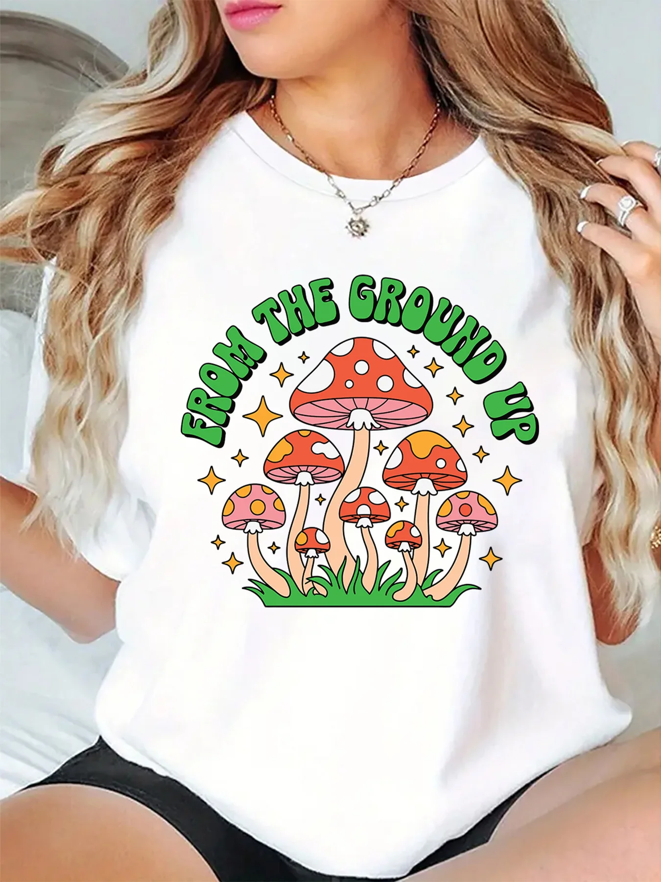 From The Ground Up Retro Mushroom Sparkle Star Grass Graphic Womens T Shirt Short Sleeve Crew Neck Casual Ladies Tee Tops