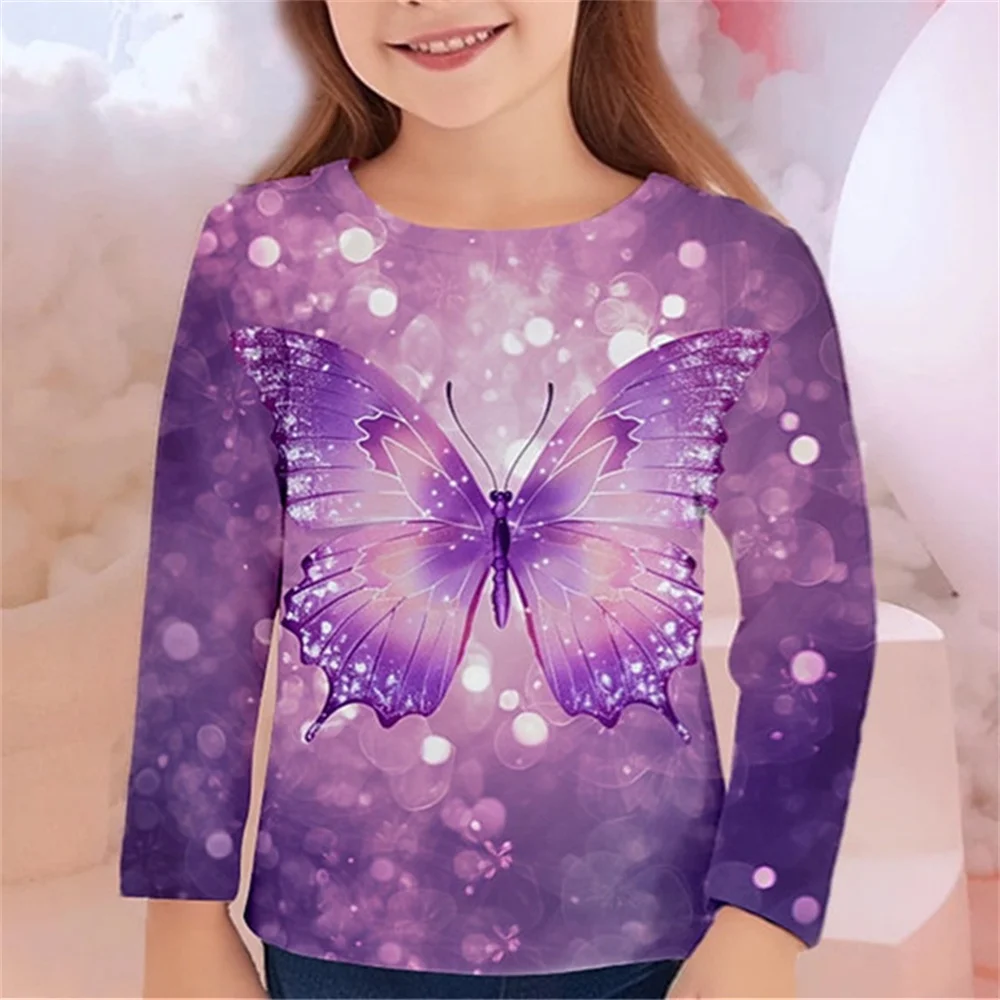 Children's Clothing Girl Clothes Long Sleeve 3D Butterfly Print Kids Spring Fall Clothes Casual Kawaii O-Neck Girl T-Shirt Tops