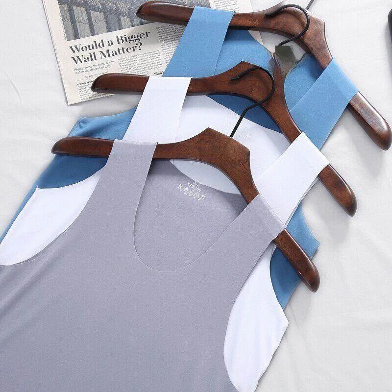 Men's Ice Silk Seamless Vest Thin Summer Base Layer Large Size Sleeveless round Neck Sweatshirt Luxury Style Polyester Fiber
