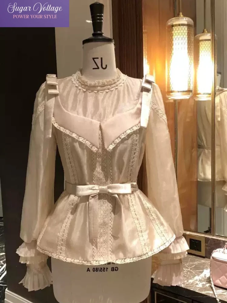 

French Luxury Elegant Fake 2 Piece Blouse Women Slim Long Sleeve Bow Waist Cinching Top Lace Detail Casual Fashion Lolita Outfit