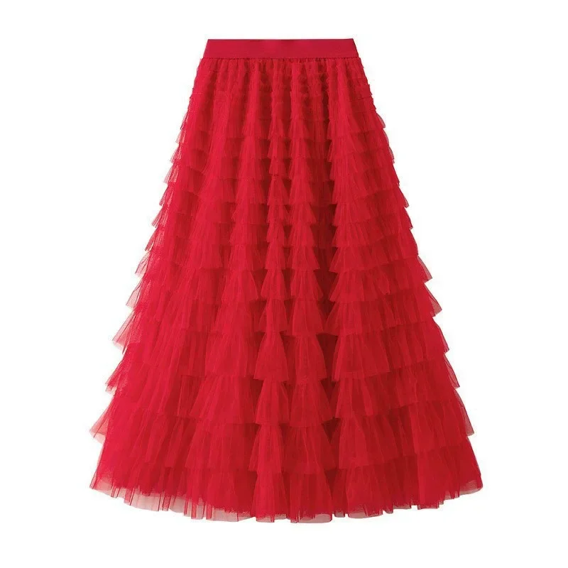 

Women Mesh Long Cake Skirts Autumn New Elastic High Waist Cascading Ruffles Tulle Skirt Female Party Pleated Fluffy Maxi Skirt