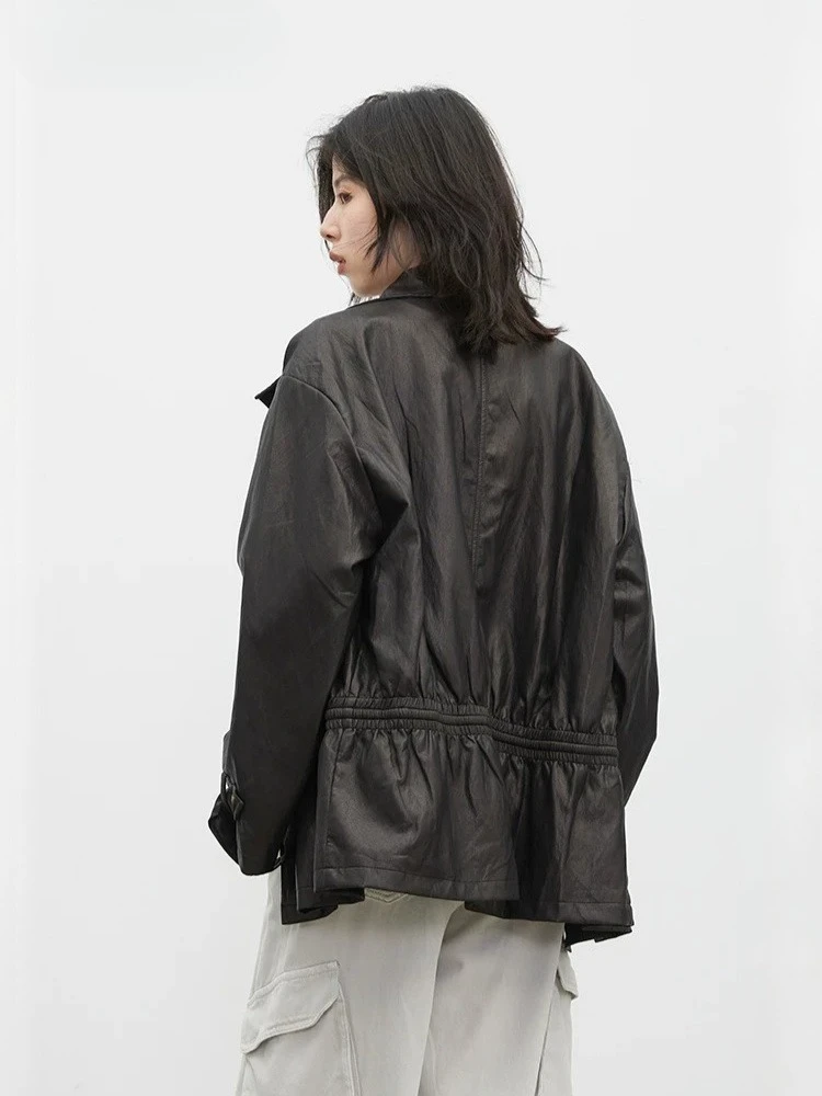 CHIC VEN Fashion Women Faux Leather Coats Retro Stand Up Collar Single-breasted Drawstring Loose PU Jackets Spring Autumn 2026