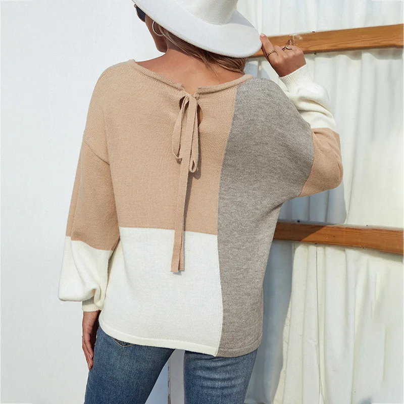 Knit Tops Autumn And Winter New Contrast Round Neck T-Shirt Lace Up Back Sweater Womens Clothing knitwears Pullovers Top