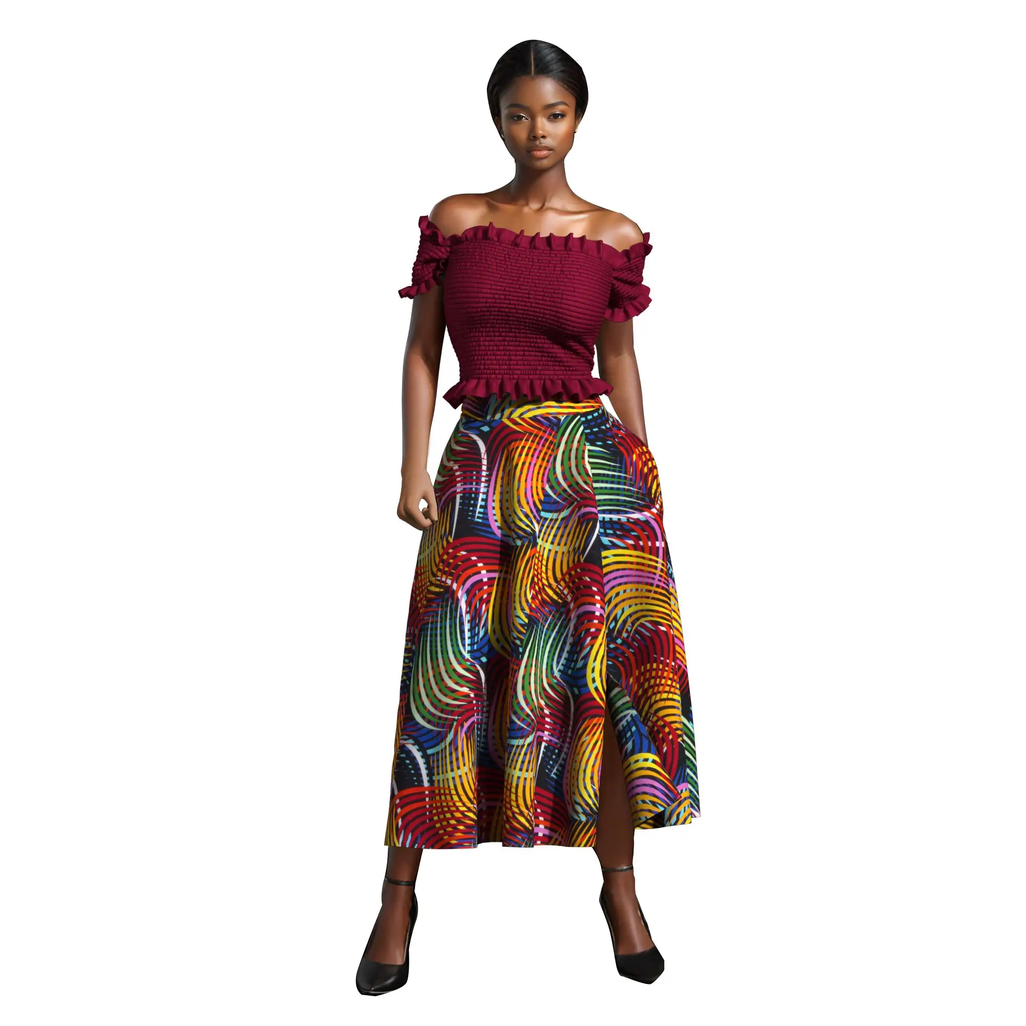 

African Print Skirt Women with Adjustable Side Slit Zipper Control Side Pockets Elastic Waist Daily Wear Wrap Style Skirt kg1375
