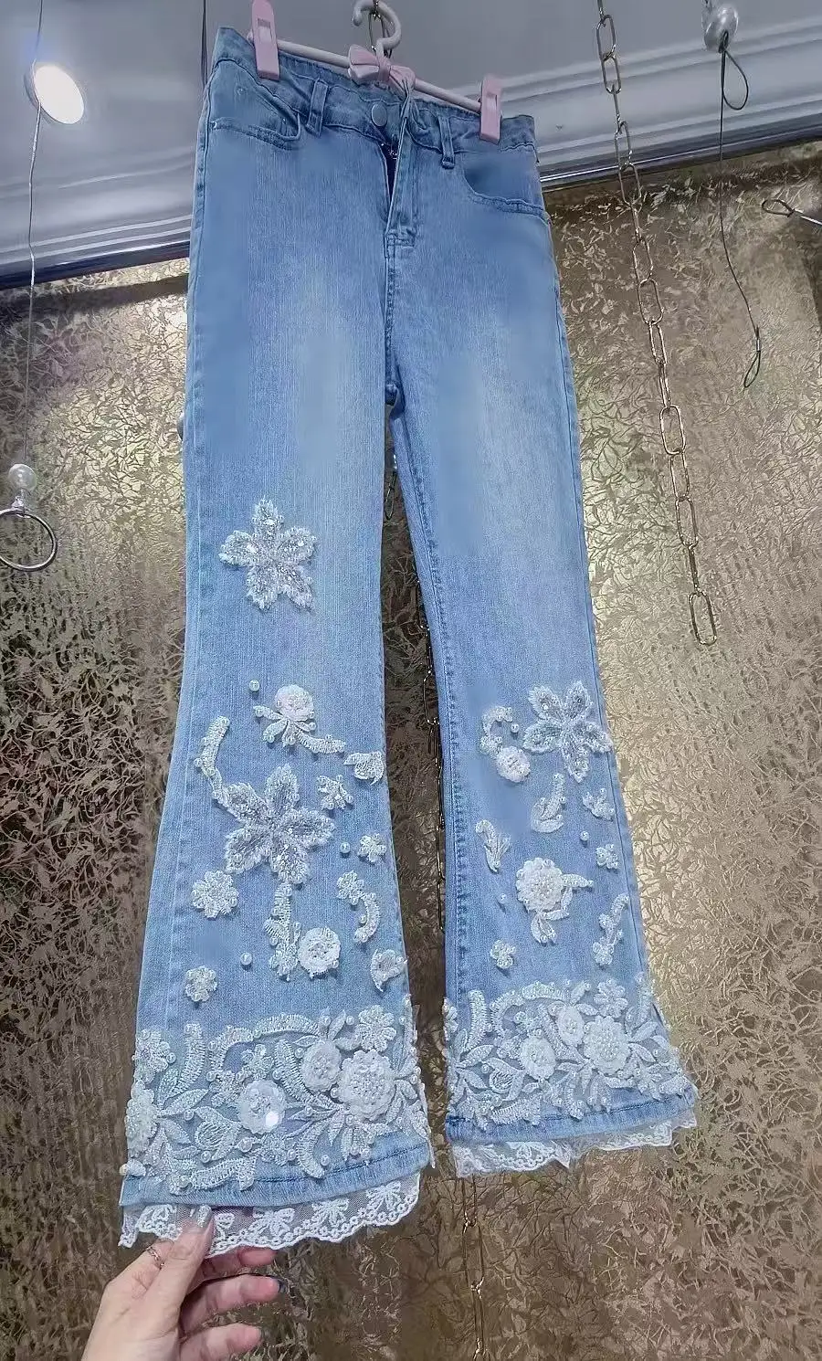 تصميم فاخر مطرز مشاعل الدنيم بانت طويل للنساء السراويل pantalones de mujer ملابس امرأة السيدات السراويل