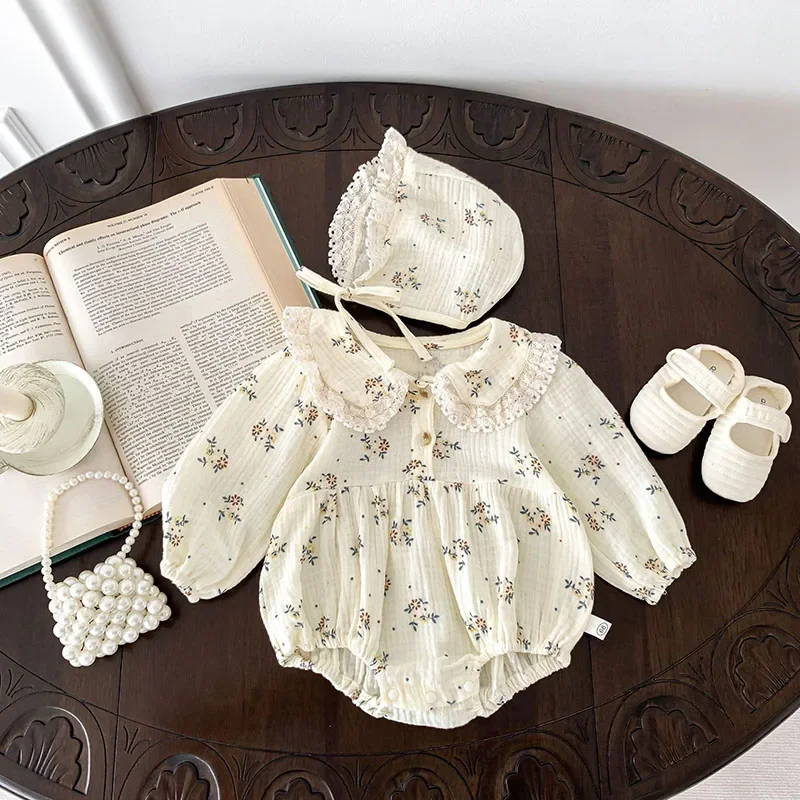 2024 Autumn New Baby Clothes Floral Bodysuit for Infant Girls Toddler Peter Pan Collar Long Sleeve One Piece with Hat 0-2 Y