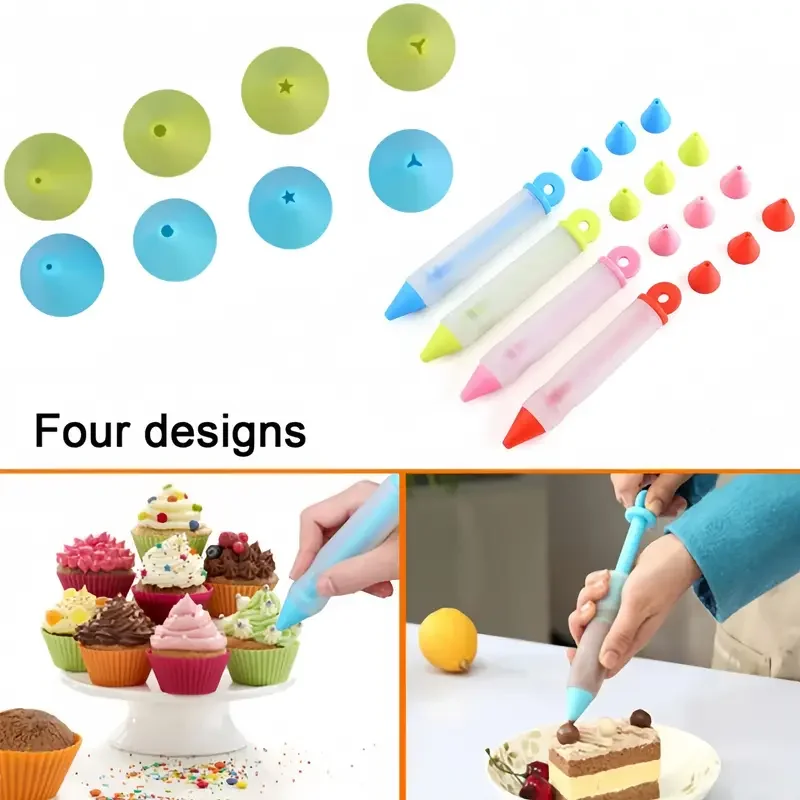 4pcs Silicone Food Writing Pen Cake Decorating Tools, Chocolate Cream Decorating Tools with 4 Heads Frost Piping Pastry Nozzles