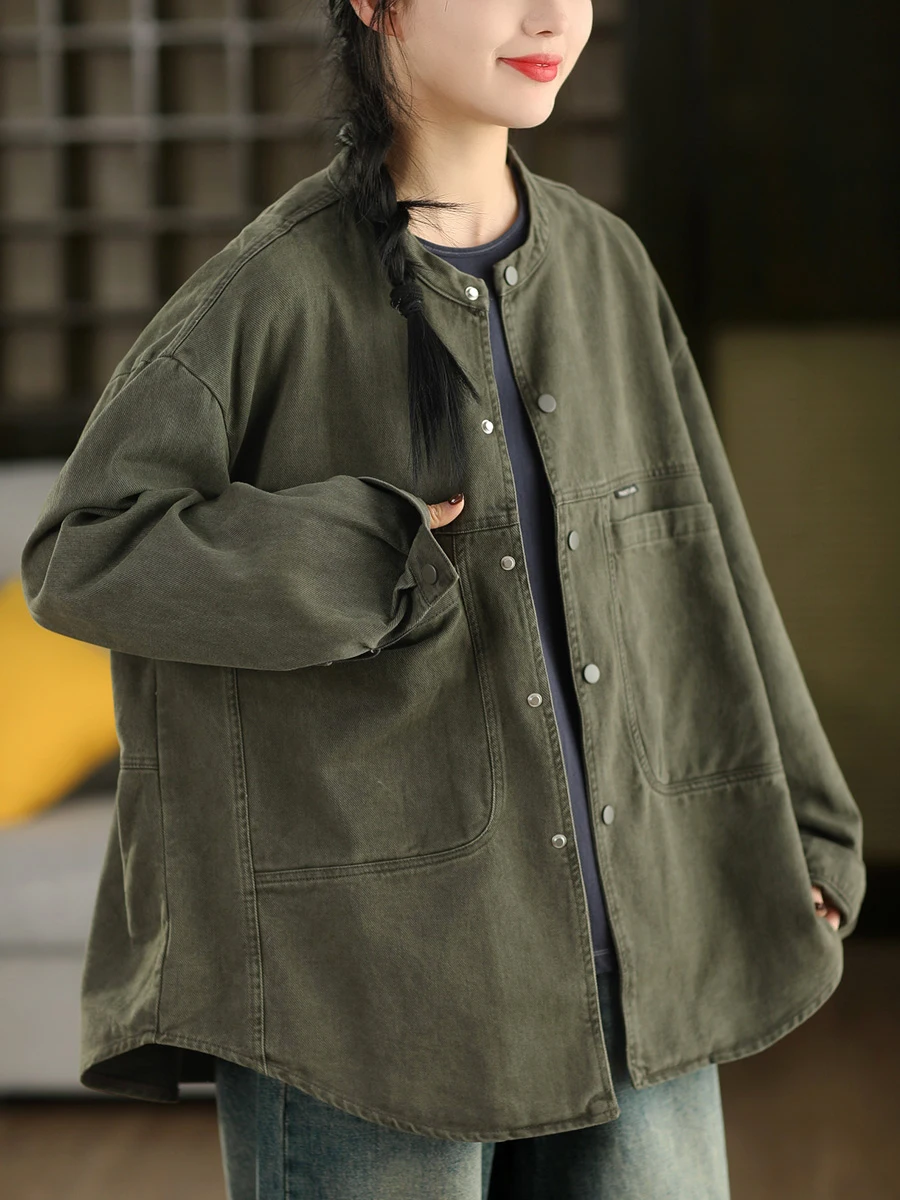 

Retro Sle Loose Fit Cotton irt Jaet Women's Faion Workwear Outerwear Pure Cotton Casual Top Spring Season