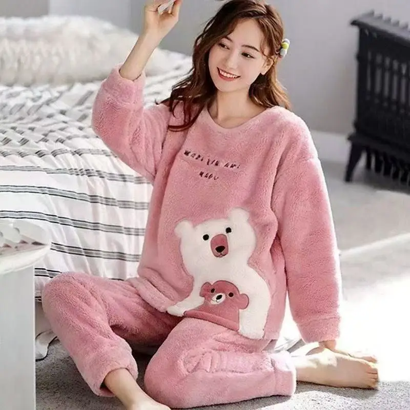 

plus Size 2XL Long-Sleeved Flannel Pajamas Thickened Warm Blue Cartoon Bear Homewear School Loungewear Autumn Winter Suit