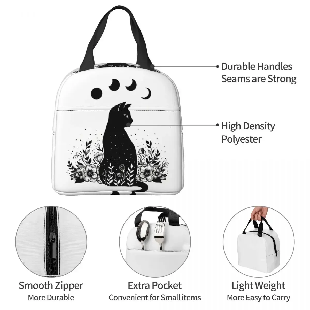 Night Garden Cat Insulated Lunch Bag Gothic Women Kids Cooler  Thermal Portable  Box Ice Pack Tote