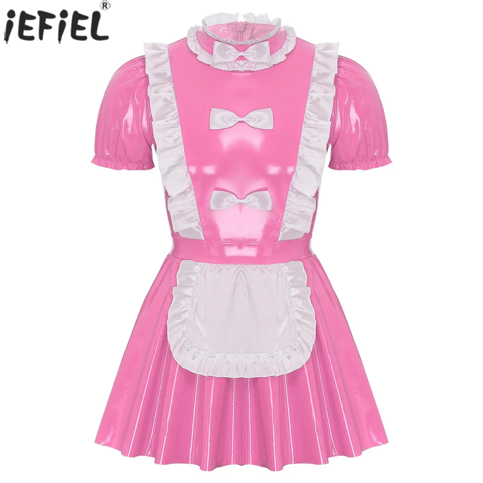 

Men Glossy Patent Leather Sissy Maid Dresses Uniform Ruffles Trims Bow Apron Puff Sleeve A-Line Skirt for Halloween Cosplay