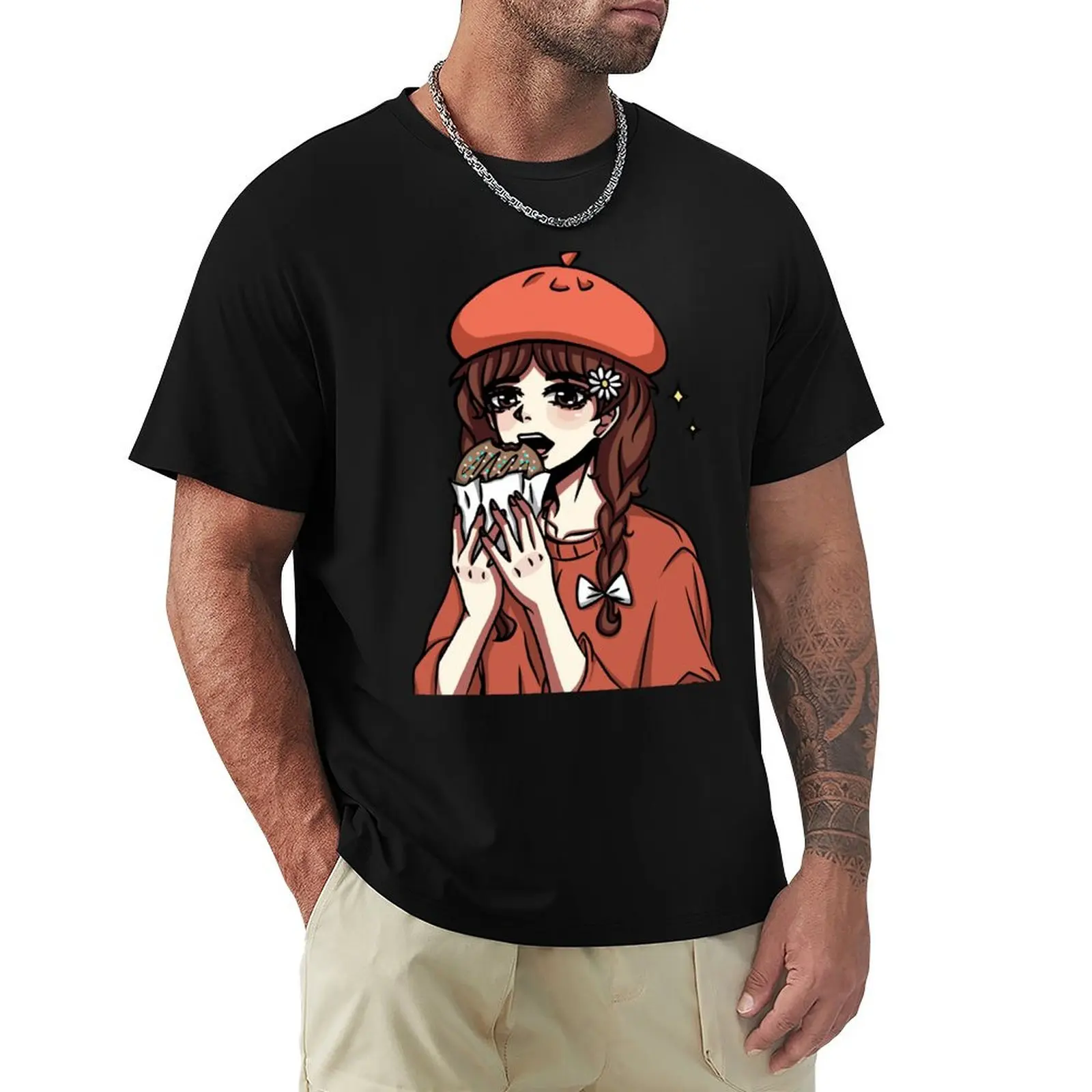 

Anime style girl holding a cookie in her hands. On her head is a red beret, chamomile and a white bow on her pigtail. T-Shirt