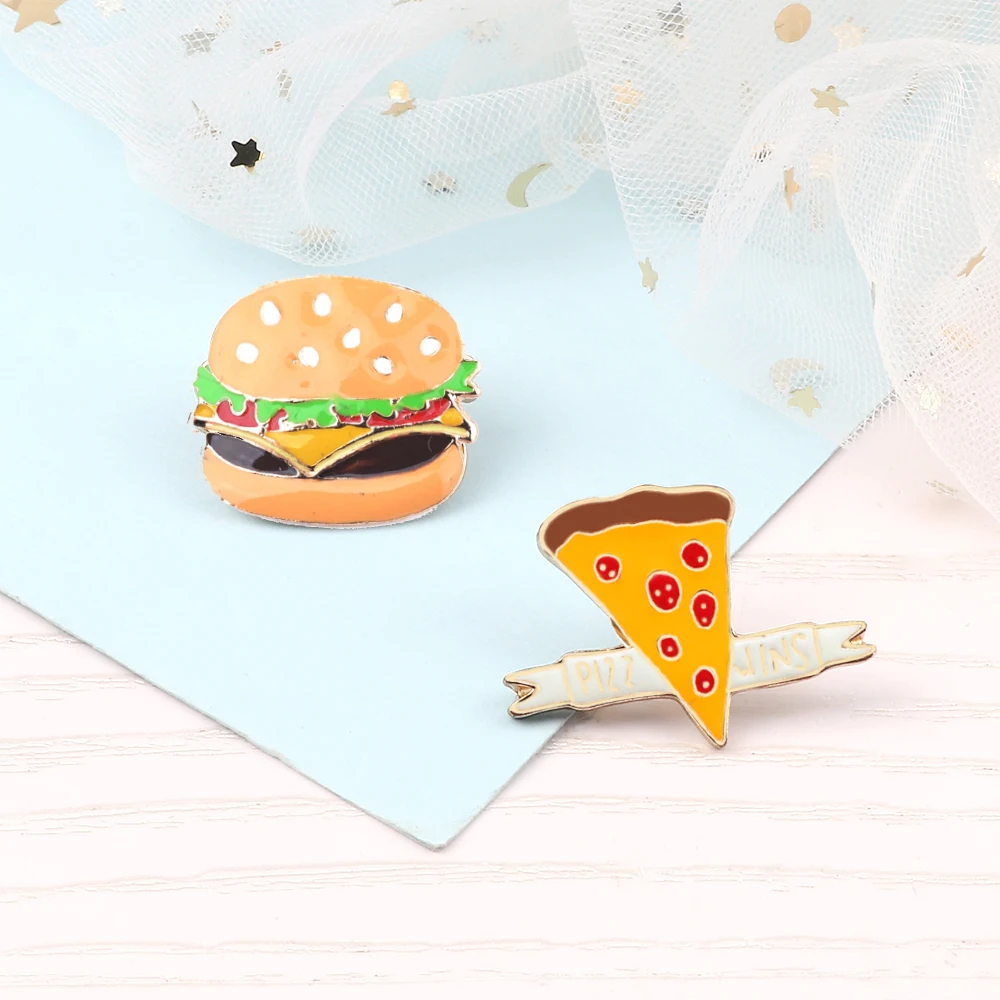 Cute Hamburger Pizza Enamel Pins High Quality Metal Food Brooches Men Women Clothes Lapel Pin Badges Jewelry Gift for Friend New