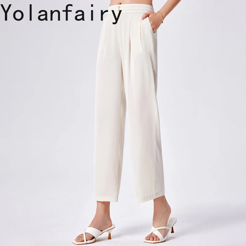 

YOLANFAIRY Fashion 95% Real Mulberry Silk Pants Women Clothing Summer High Waist Straight Trousers Woman Nine-point Pants 2026