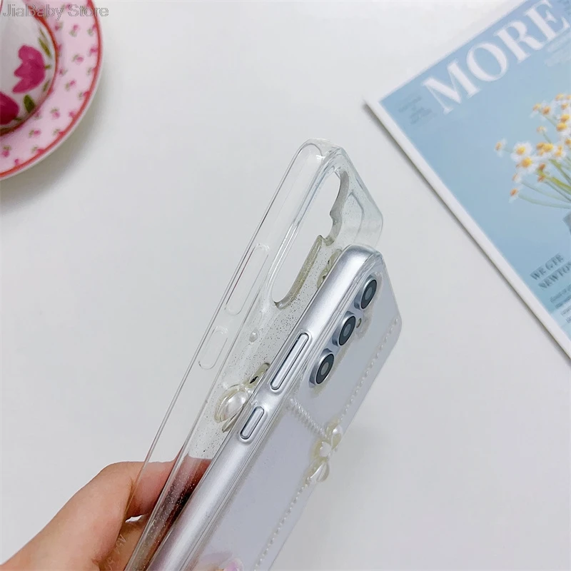 Bow Clear Liquid Phone Case For Samsung A50 A70 A51 A71 A12 A32 A52 A72 A13 A23 A33 A53 A73 A14 A34 A54 A24 A15 A35 A55 Cover