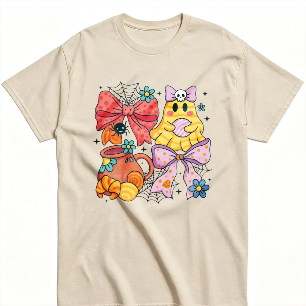 Cute Coquette Halloween Ghost T‑Shirt Pastel Bow Spider Web Cauldron Flower Sweet Spooky Cartoon Girly Whimsical Halloween Tops