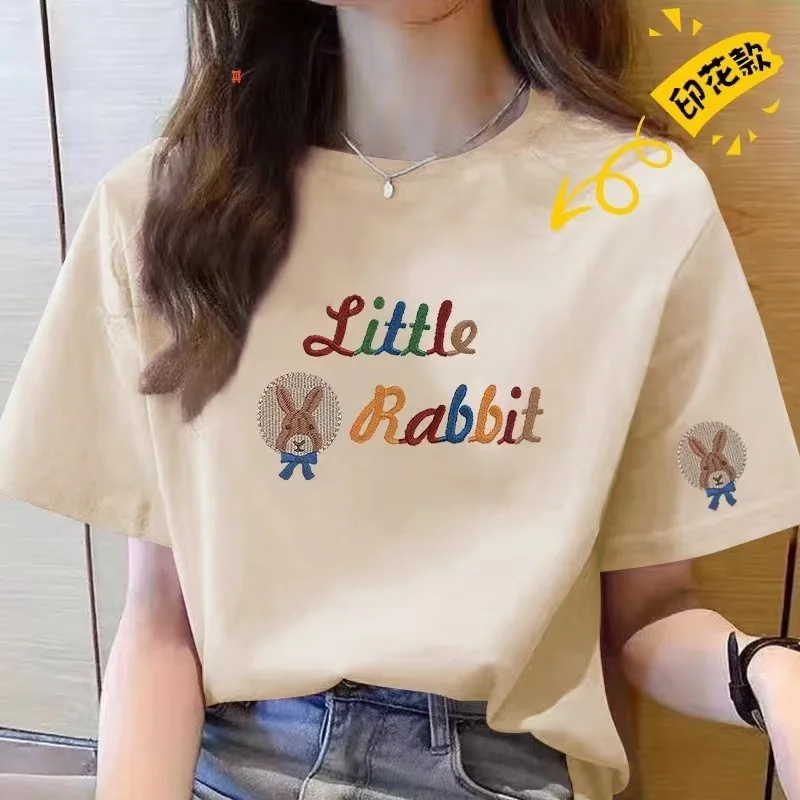 

Cotton Short-sleeved T-shirt Women's 2025 New Summer Casual Crew Neck Printed Top Shirts for Women Polo Dress Women