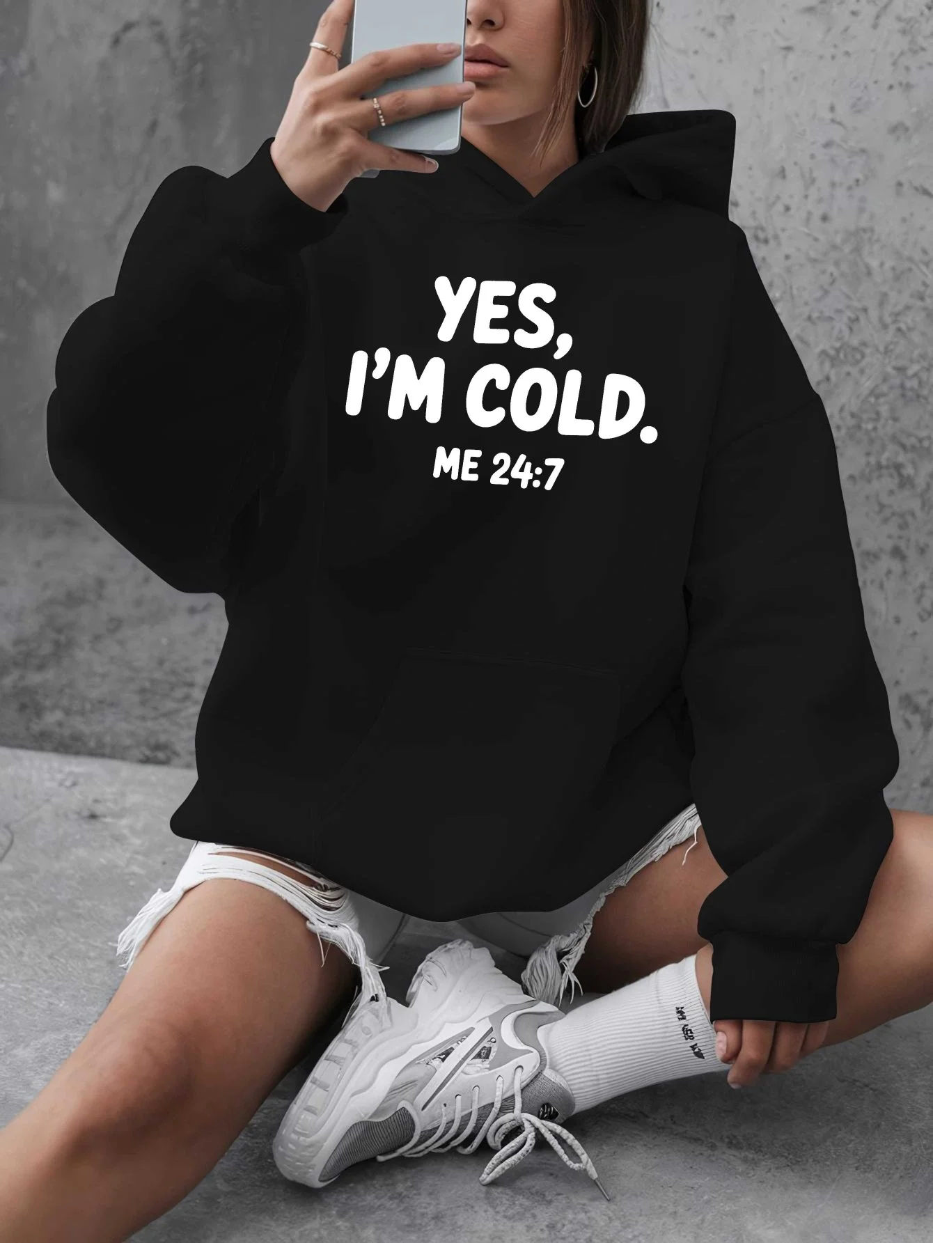 

Женская толстовка с капюшоном оверсайз — цитата «Да, я холоду», с температурным дизайном 24/7, повседневная рубашка с капюшоном с длинными рукавами