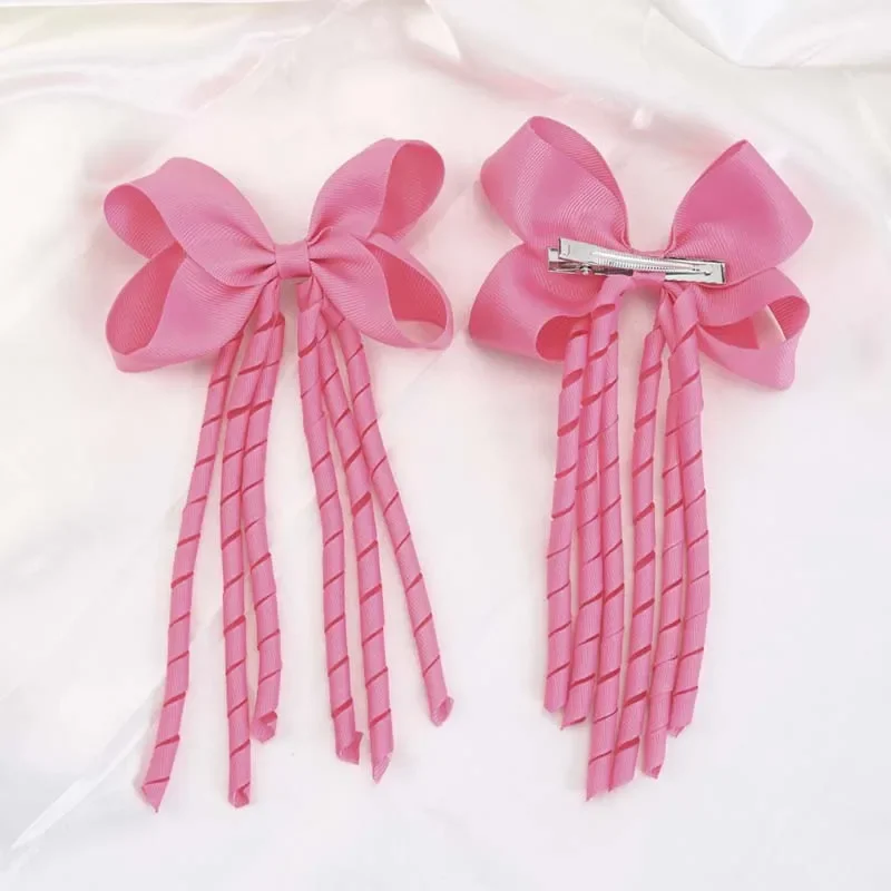 Oaoleer 2Pcs Grosgrain Ribbon Bowknot Baby Girls Elastic Hairband Curly Tassels Bows Toddler Hair Rope Headwear Photo Props