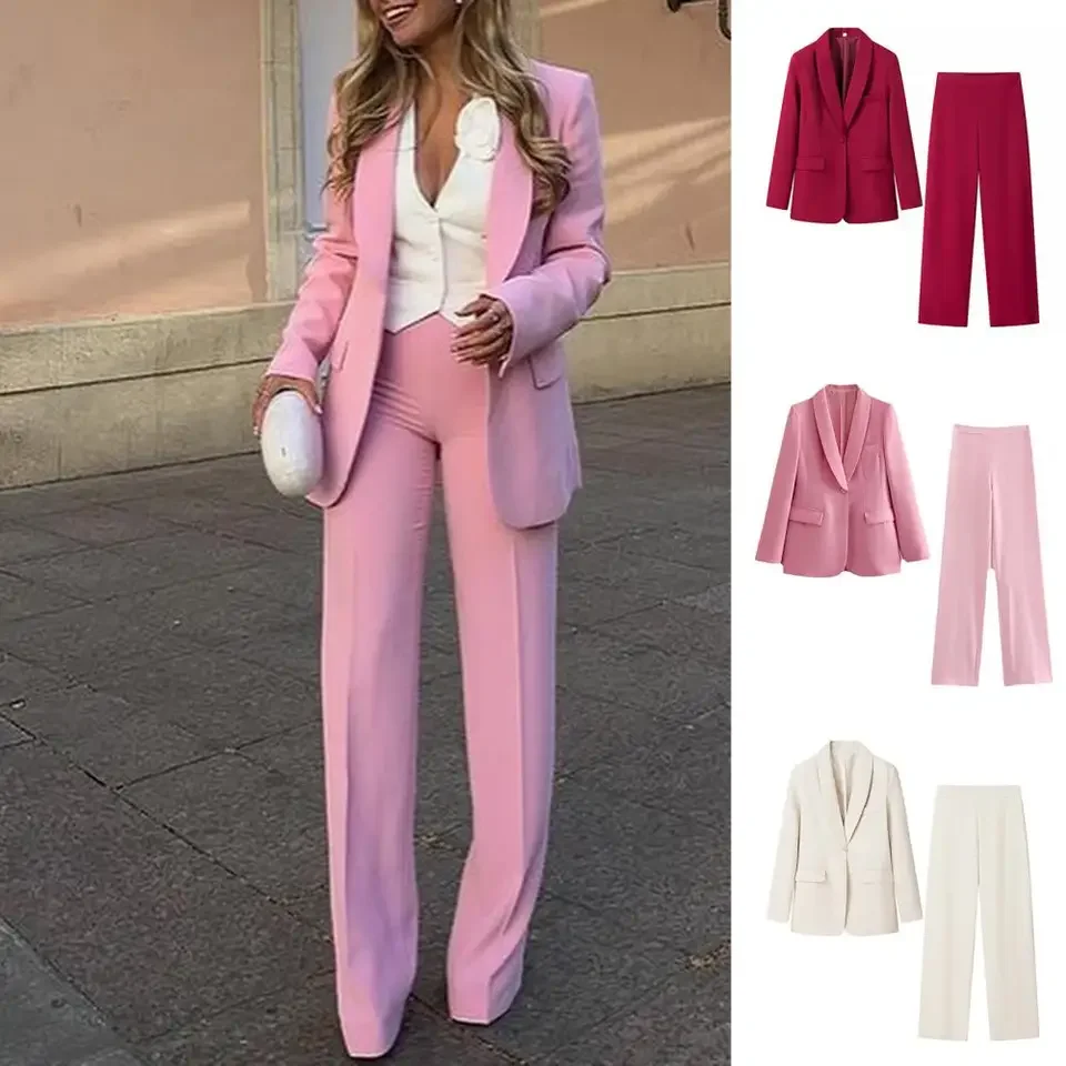 Casual Solid Pants Sets Women Slim Waist Lapel Long Sleeve High Waist Straight Trouser 2025 Outfits
