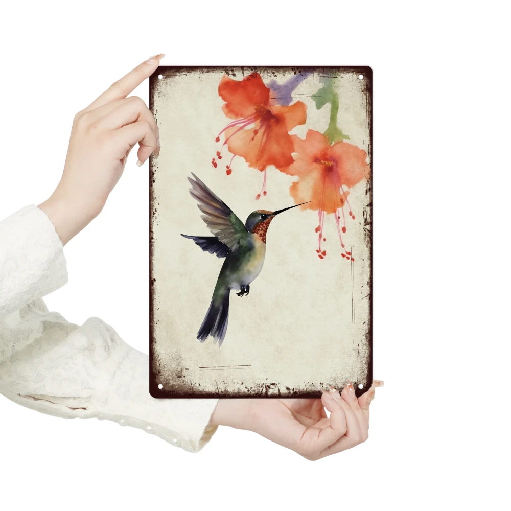 Putuo Decor-Oiseau vintage en métal 18/Sign, champ avec des fleurs sauvages et un oiseau, décor d'ar
