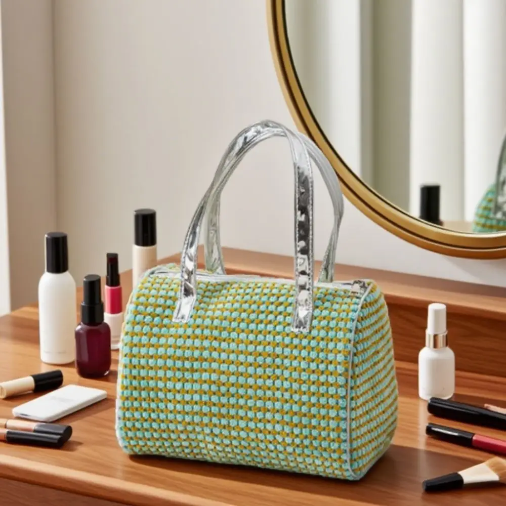 Bolso de mano portátil para mujer, bolsa de maquillaje de viaje con doble asa suave, organizador de almacenamiento, bolsa de cosméticos informal con patrón a cuadros para vacaciones
