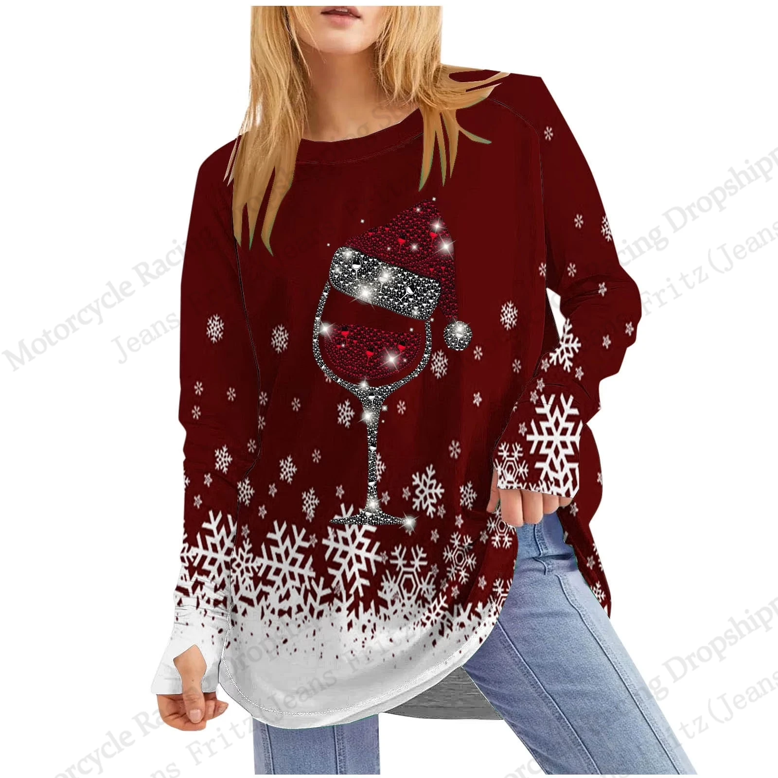 クリスマスワインカップ帽子 3d プリント長袖 Tシャツ女性ファッションカジュアル特大スノーフレーク Tシャツ女性トップス Tシャツ女性服
