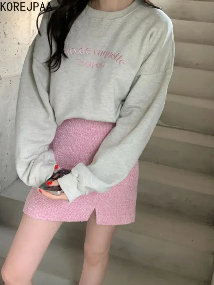 Korejpaa Simple Letter Embroidery Hoodie Women Round Neck Long Sleeve Warm Sweatshirts Korea Fashion Autumn Casual Woman Tops