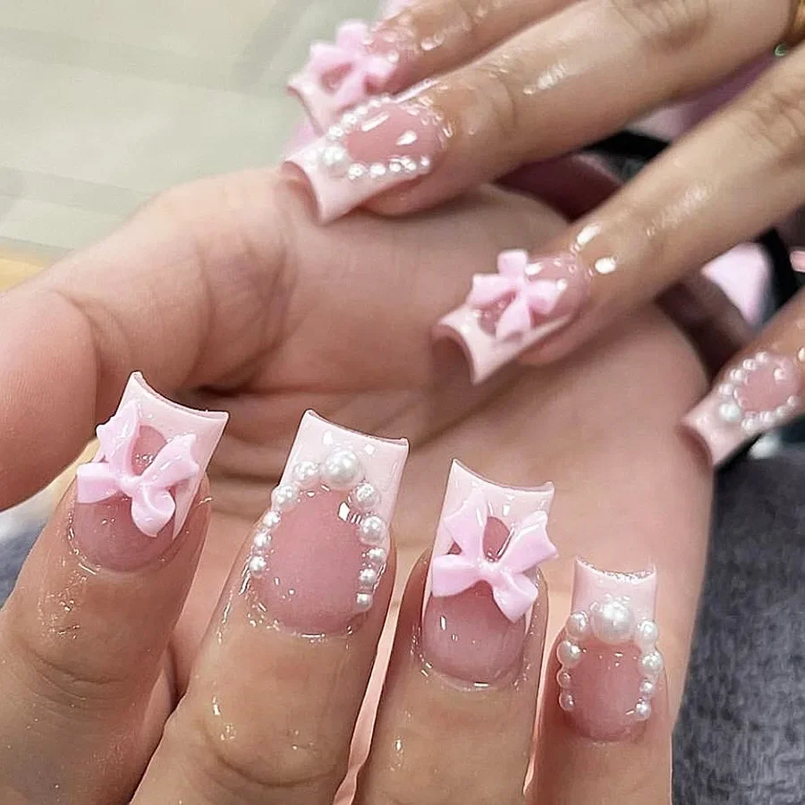 24pcs 3D Pinkish Bow Press On Nails Short Square Fake Nails White French Tip Ballerina Acrylic Nails With Pearl Design For Women