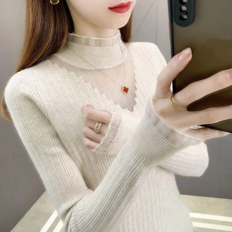

Women's Long Sleeve Top Half High-Necked Knit Bottoming Female Clothing Autumn Basic Sweaters For Pullover Slim Solid
