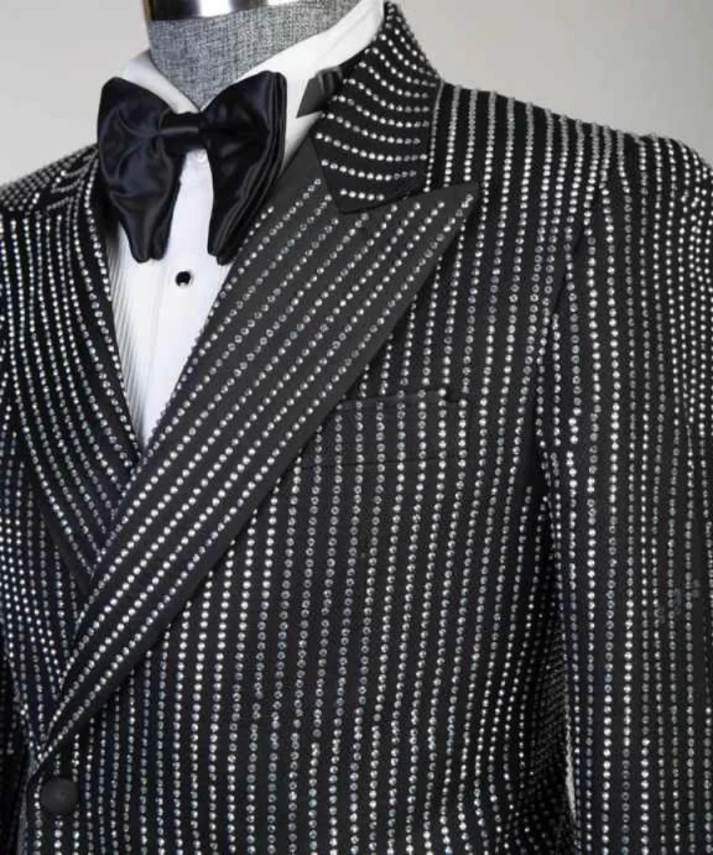 Luxuxry Sparkly Men Suits 2 Pieces Sets Single Breasted Beaded Crystal Formal Business Banquet Wedding Groom Tuxedos Customized