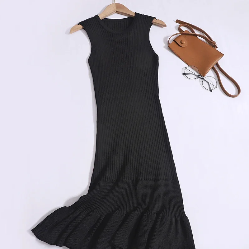 2024 nowa letnia koreański, dzianinowy szata Femme z okrągłym dekoltem bez rękawów z falbanami seksowna, dopasowana sukienka typu Bodycon elegancka Mini sukienka typu Vestidos