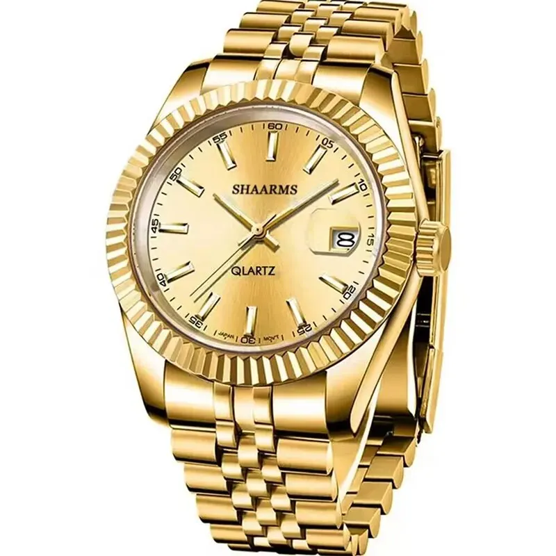 Mens Gold Watches Calendar With Stainless Steel Band Fashion Business Quartz Watch Relogio Masculino Wristwatch For Men Gift