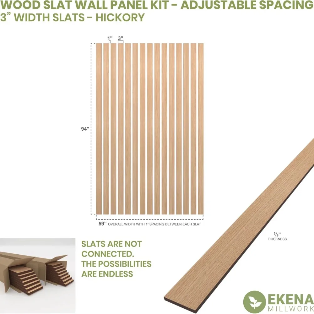 Ekena Millwork 94"H x 3/8"T Adjustable Wood Slat Wall Panel Kit w/ 3"W Slats, Hickory (contains 15 Slats)