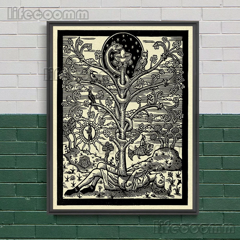 Alchemist And Magic Witch Illustration,Vintage Wall Art Canvas Painting,Prophet Pagan Witchcraft Art Poster And Print Home Decor