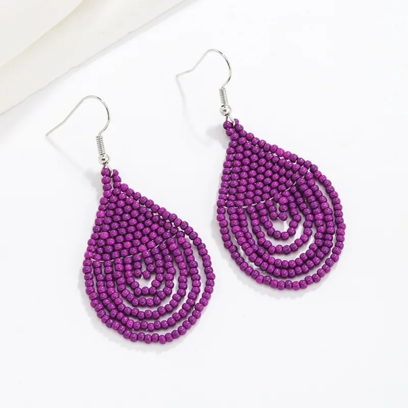 Beaded earrings Drop-shaped Originality Multilayer Colour Hand knitting Bohemia Alloy Tide Simple Geometry Rice bead earrings