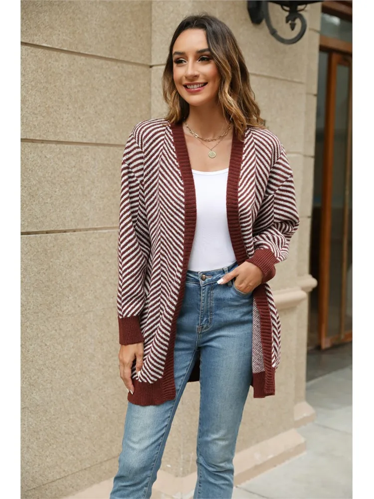 

New Casual V-neck Striped Contrast Knitted Cardigans Long Sweaters Women Autumn Winter Long Sleeve Loose Open Stitch Female